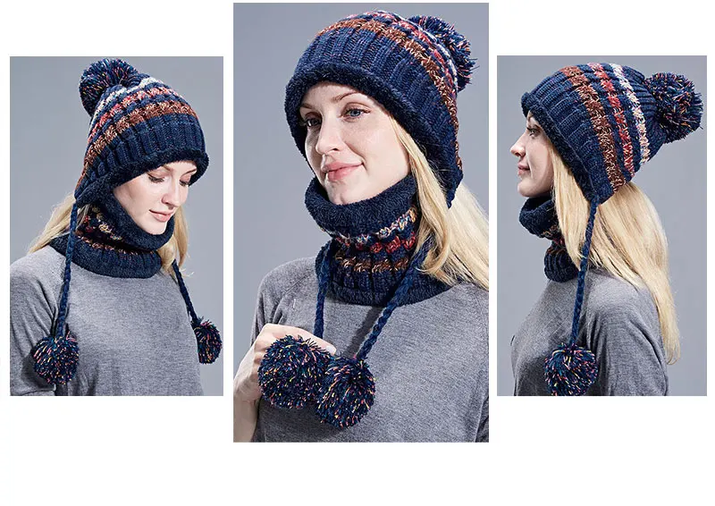 Вязаные шапки бини из двух частей, шарф, шапка, набор для женщин и мужчин, шапка на осень и зиму, теплая одноцветная шапка унисекс в полоску