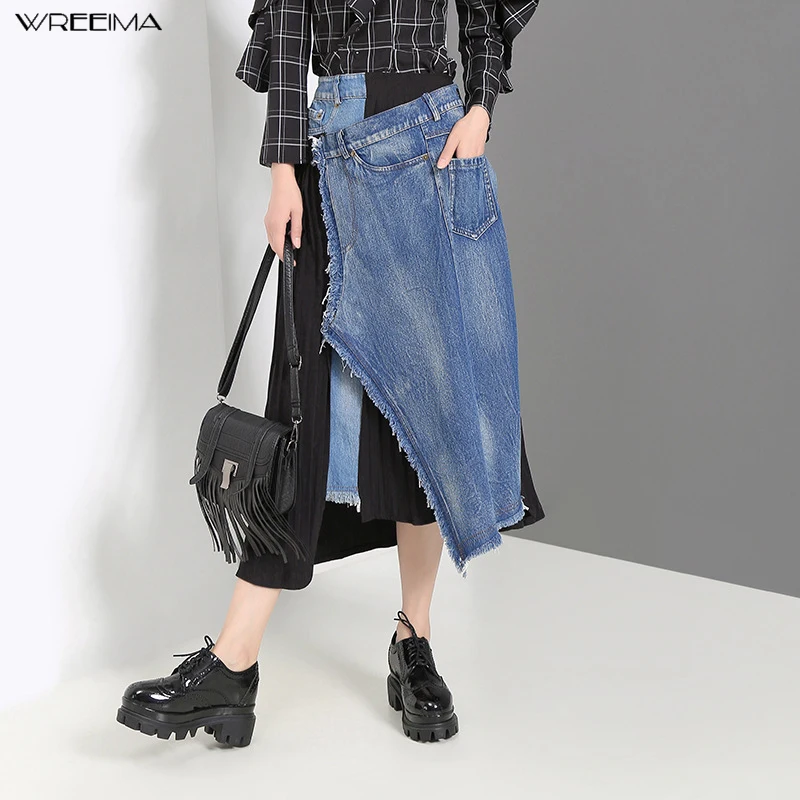 

wreeima blue casual Pocket Patch Denim Skirt Spliced Irregular High Waist midi Skirt Black Women Fashion Spring Autumn 2019
