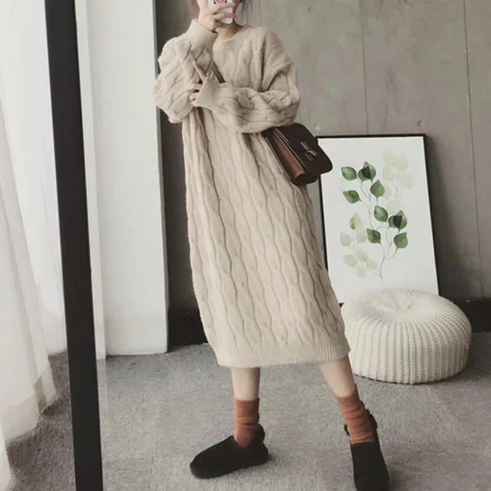 

Korean Version Dress Loose Knitting Coarse Wool Autumn Winter Long Sleeve Over The Knee Round Neck Pullover Dress