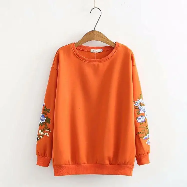 Оранжевый Размера плюс XL-4XL Для женщин Цветочная вышивка толстовки Длинные рукава утепленный пуловер Повседневное Топы - Цвет: Оранжевый