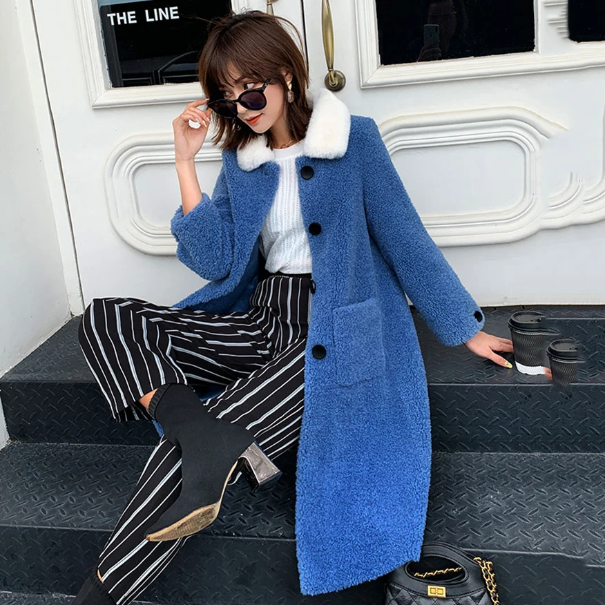 

Real Wool 30 Artificial Fur Teddy Coats Women Jacket Spring Autumn Parka 2019 Warm Korean Faux Fur White Collar Woolen Coat