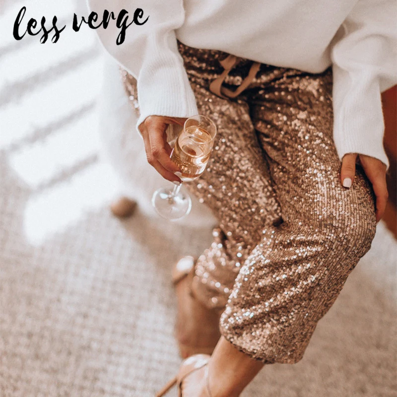 Lessverge, блестящие Клубные Сексуальные вечерние длинные штаны с блестками, женские штаны с бисером размера плюс, золотые шаровары, осенне-зимние штаны, уличная одежда