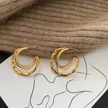 HUANZHI S925 Серебряные иглы геометрические неправильной поверхности Bump Arc искажения двухслойные серьги-кольца для женщин девочек