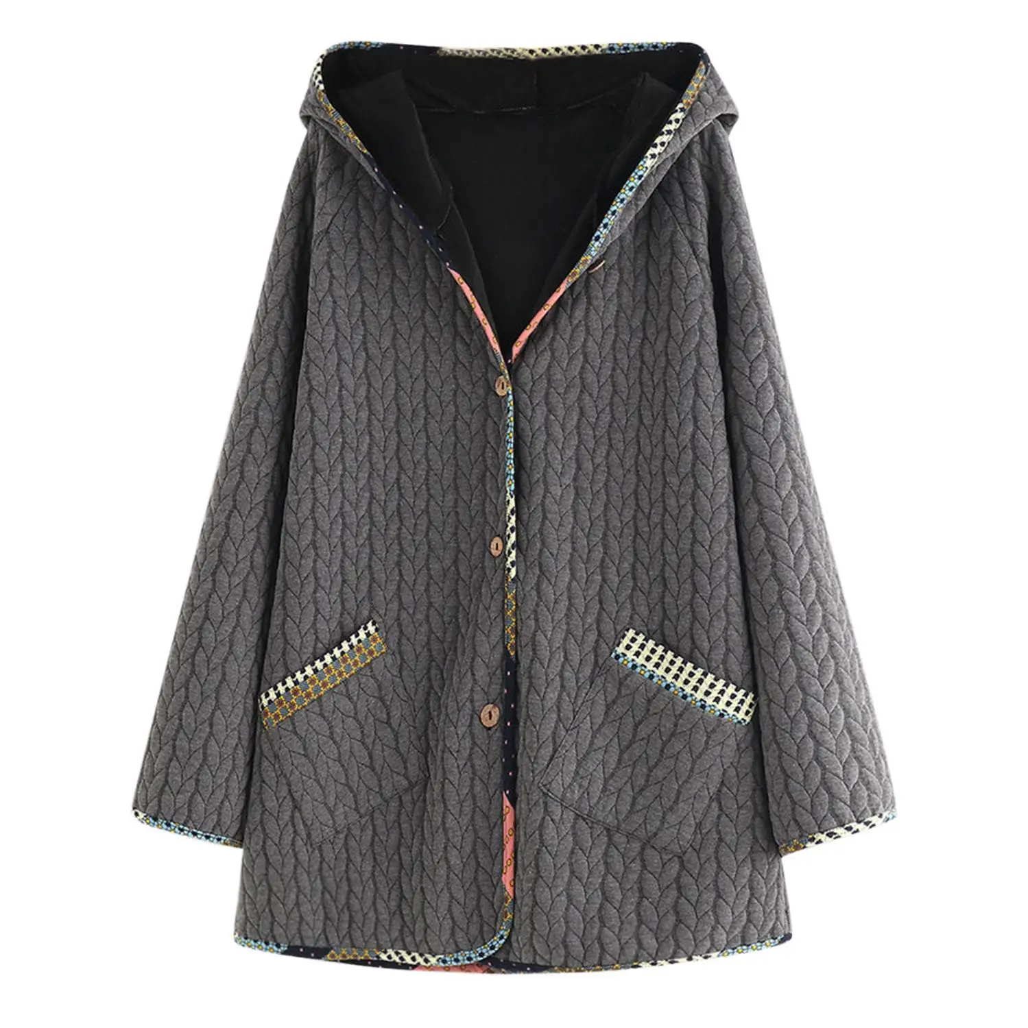 

Plus Size Winter Women Vintage Hooded Long Sleeve Button Coat Ladies Casual Loose Gray Outwear With Pocket For 2019 Jackets