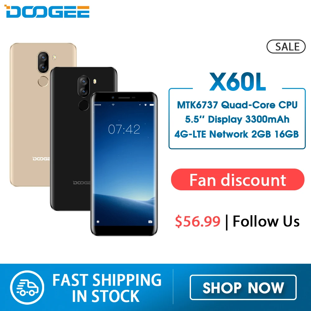 DOOGEE X60L смартфон с 5 дюймовым дисплеем четырёхъядерным процессором MTK6737 ОЗУ 2 Гб