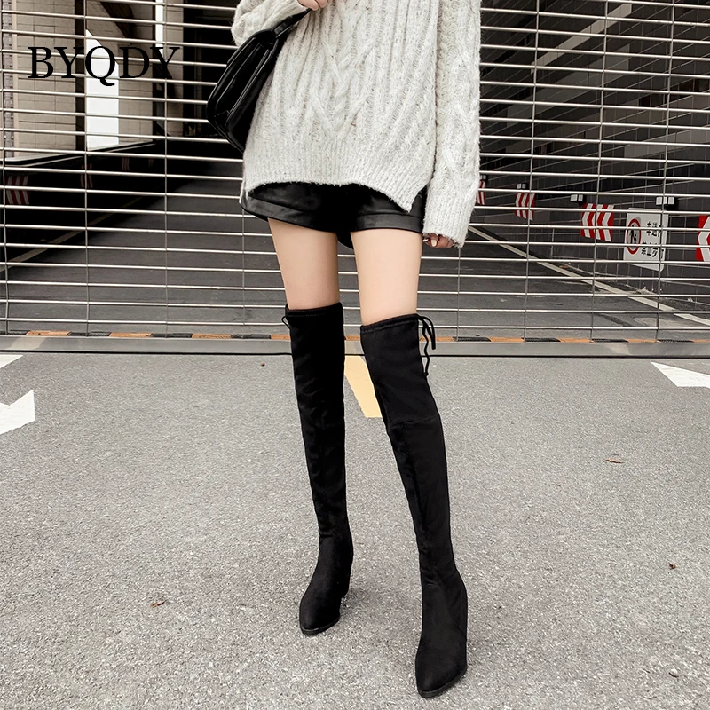 BYQDY/Новые осенне-зимние женские сапоги выше колена эластичные длинные ботиночки повседневная обувь из коровьей замши на толстом каблуке со скидкой