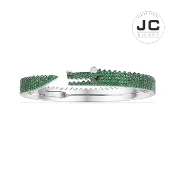

New Fashion Charms Sterling silver Original Copy Jewelry,Silver Green Croco Open Cuff For Women With Mono Logo Zircon Gift Box