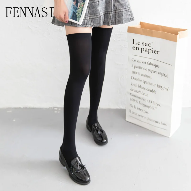 

FENNASI Women's Over Knee White Stockings School Girl Thigh High Stockings Nylons Lady Black Kawaii Knee High Stockings