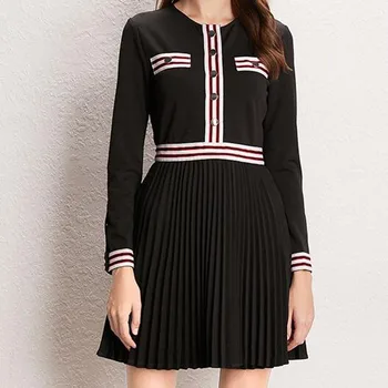 

Women Dress 2019 Autumn / Winter New Striped Decorative College Style Round Neck Long Sleeve Pleated Dress