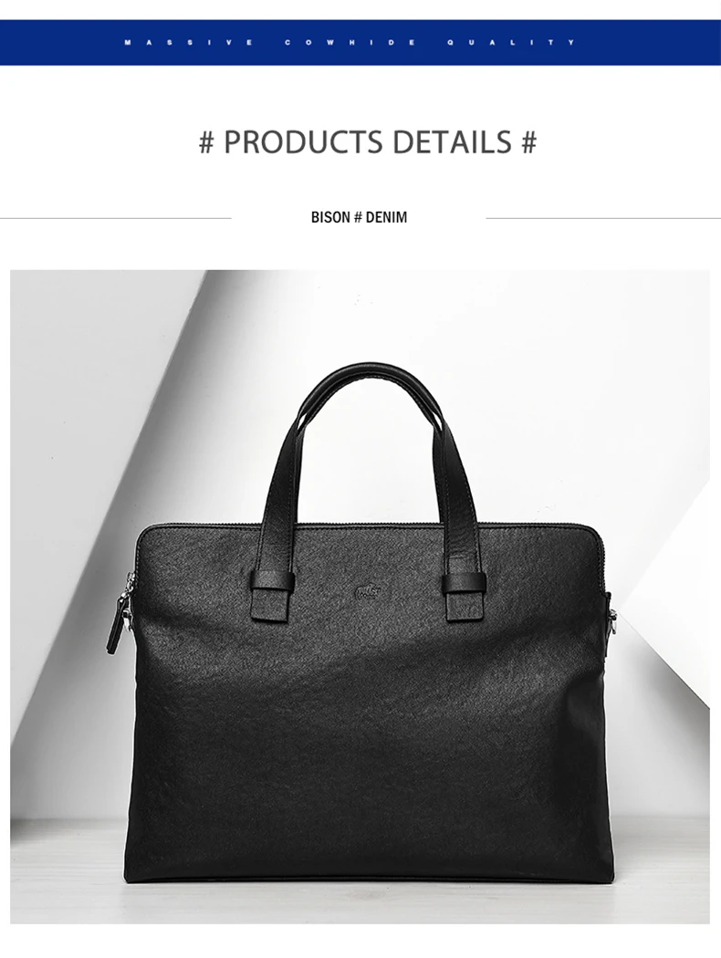 BISON DENIM, натуральная кожа, мужская сумка, деловая, 14 дюймов, сумка для ноутбука, двойная молния, сумки-мессенджеры, Воловья кожа, мужская сумка на плечо, N2980-3