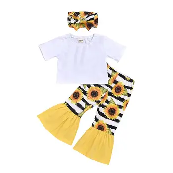 

Summer Kids Baby Girl Clothes Short Sleeve Tops + Flared Sunflower Pants Headband Outfit