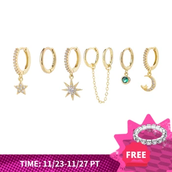 

ANENJERY Silver Color 5-piece Earrings Sets Mosaic Cubic Zircon Moon Star Double Ear Hole Hoop Earrings Sets For Women