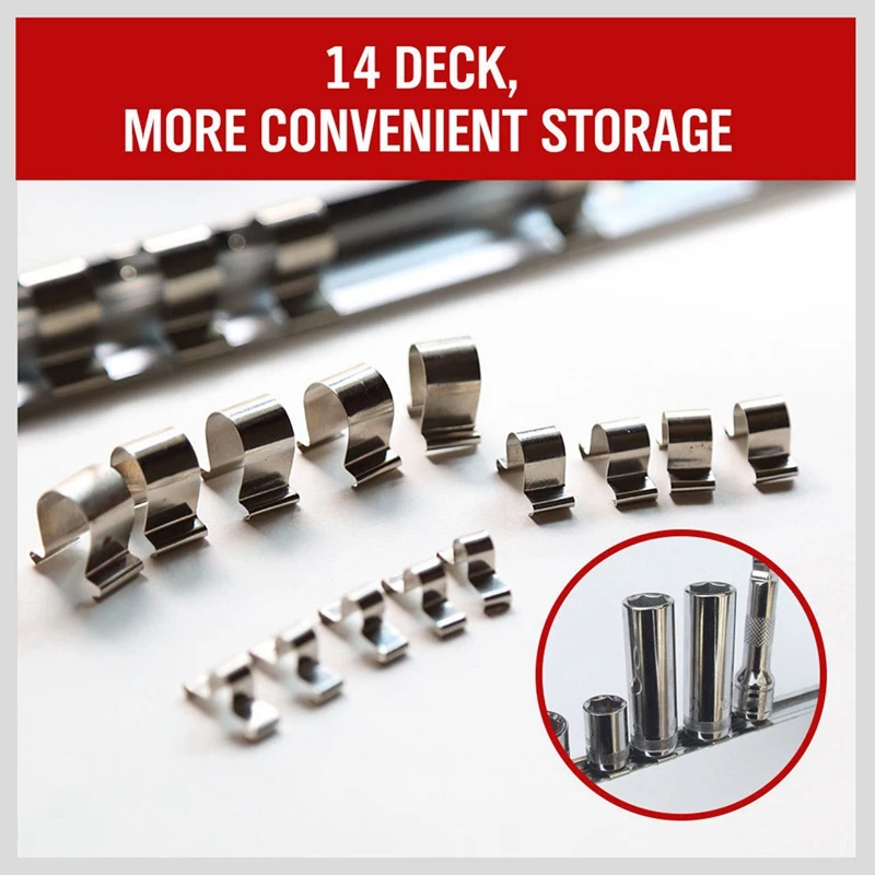 Socket Rack Holder 1/4 Inch 3/8 Inch 1/2 Inch With 16 Clips On Rail Tool Organizer Storage