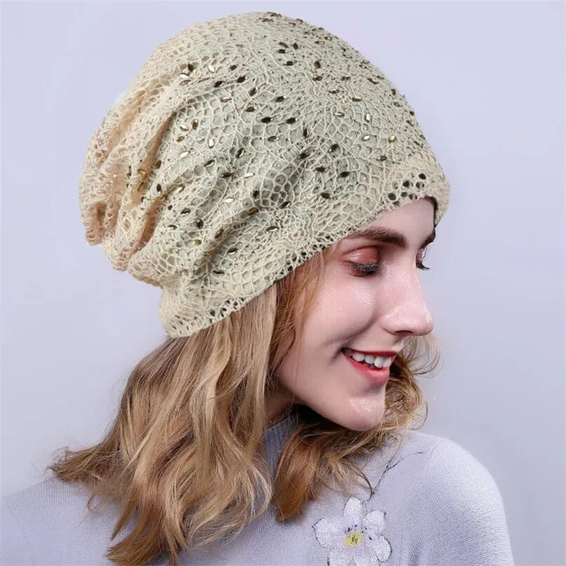 M213 Beige INDJXND зимние шапки для женщин бини для мужчин Skullies Bonnets Стразы индийский кружево Эластичный Тюрбан шляпа Вязание волос головной убор теплый - Цвет: M213 Beige