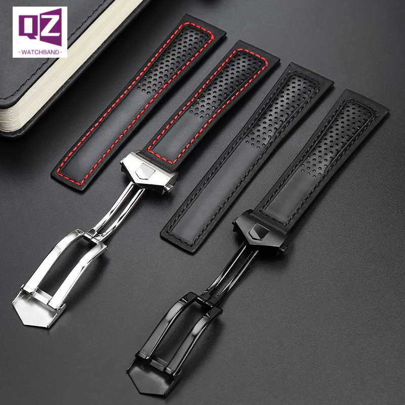 COW LEATHER Watch Strap 22mm watchband for tag heuer fiyta tissot watch band Red stitches Genuine leather bracelet High quality