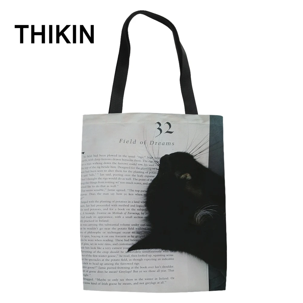 THIKIN 3D черная кошка печать холст сумки для подростков Милая книга с изображением животных Сумки настроить дамы складная сумка для покупок оптом - Цвет: 1