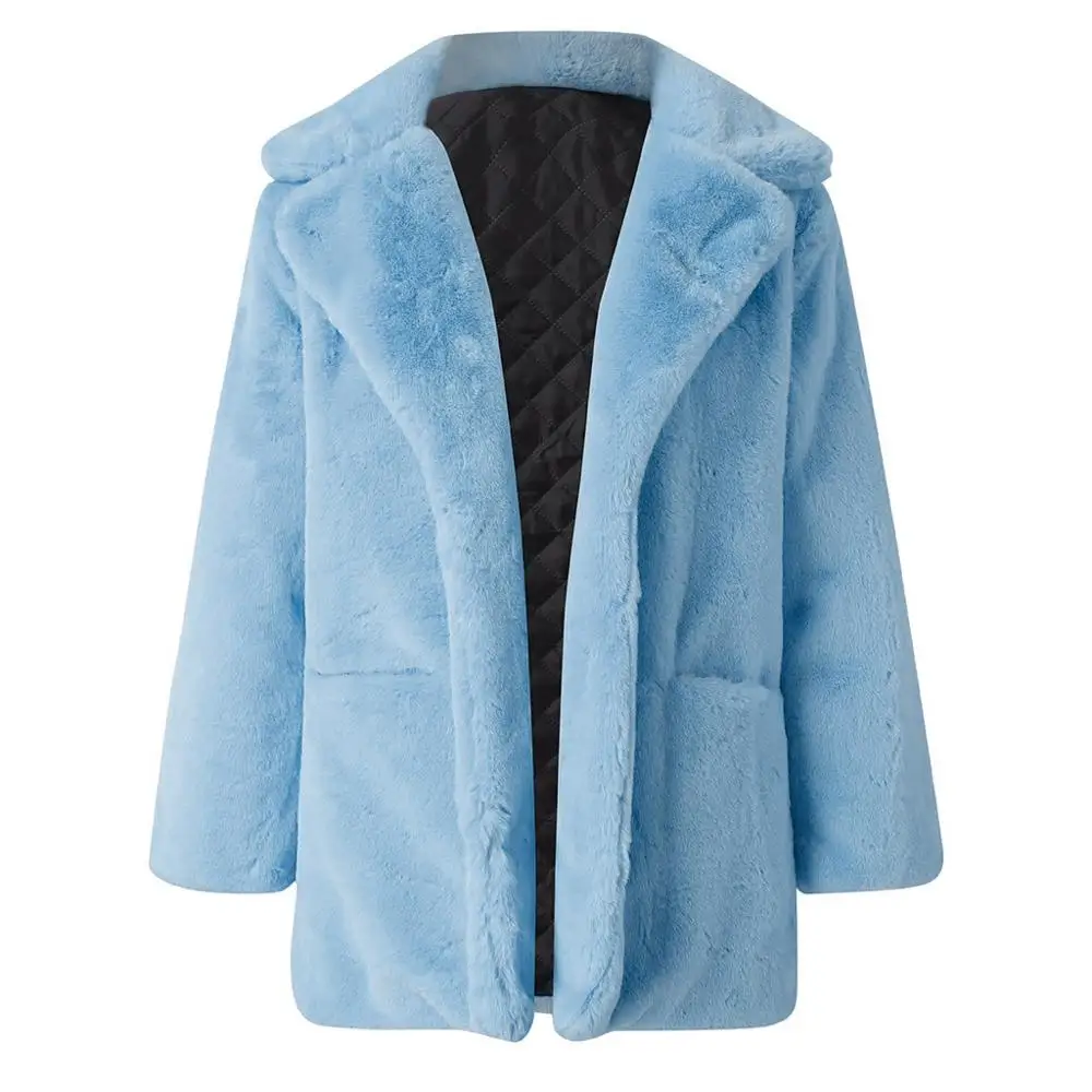 Женское пальто из искусственного меха, Осень-зима, пушистое,, плюшевое пальто, модное, одноцветное, с длинным рукавом, Свободное пальто, теплая, мягкая, верхняя одежда, плюшевое, Jassen - Цвет: Синий