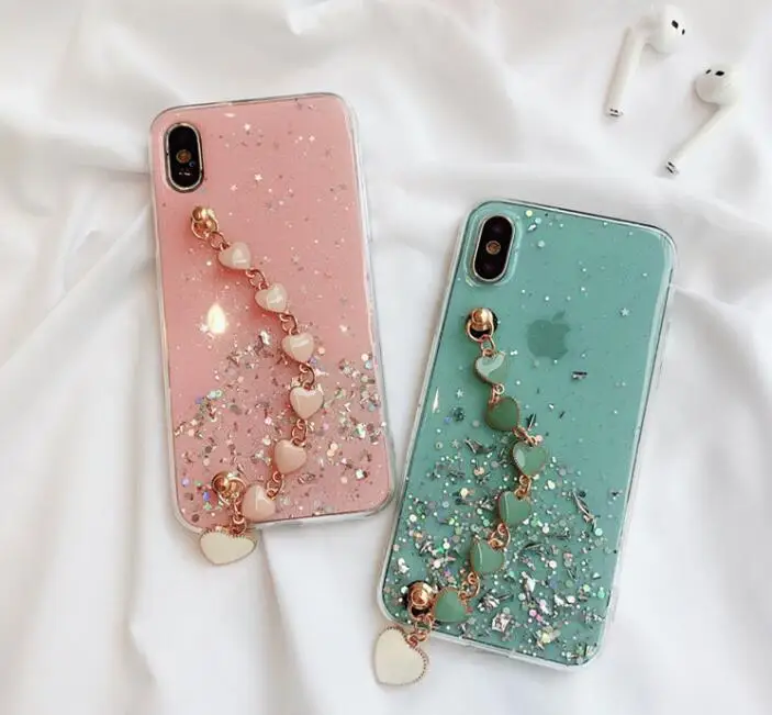 Роскошный аксессуар любовь сердечко цепочка чехол для iPhone X Xs Xsmax Xr блестящая