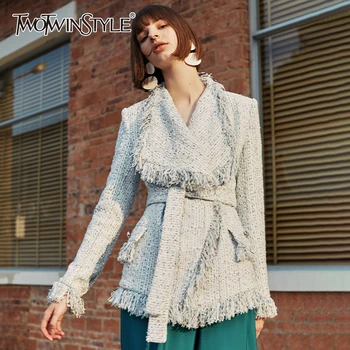 

TWOTWINSTYLE Patchwork Tassel Women's Coat Lapel Collar Long Sleeve High Waist Lace Up Elegant Jacket For Female Fashion Clothes