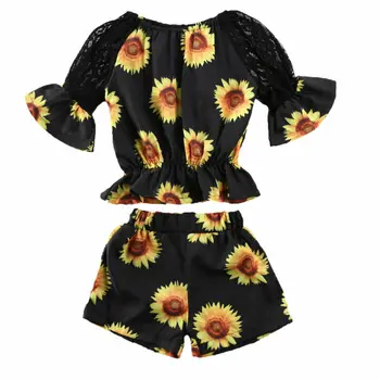 

Toddler Baby Girl Sunflower Patter Lace Flare Sleeve Tops T-shirt+Short Pants Clothes Summer Outfit Set