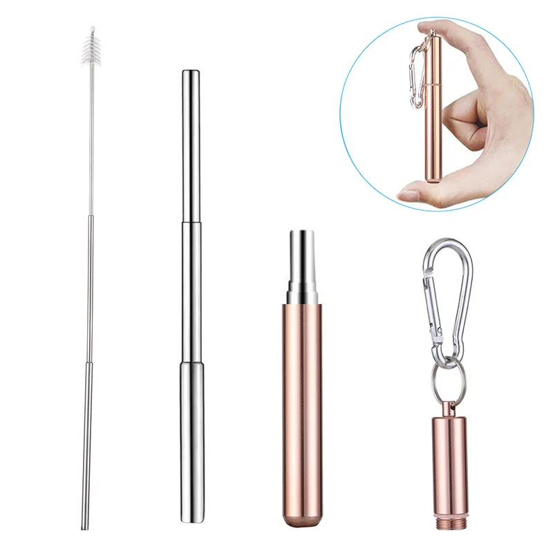 Rosegold A Нержавеющая сталь телескопическая Питьевая солома портативная Солома для путешествий многоразовая складная металлическая Питьевая солома с щеткой - Цвет: Rosegold A