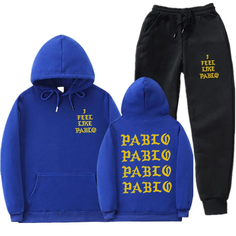Мужские комплекты спортивной одежды I Feel Like Pablo, Осень-зима, толстый мужской повседневный спортивный костюм с капюшоном, мужской комплект из 2 предметов, толстовка+ спортивные штаны