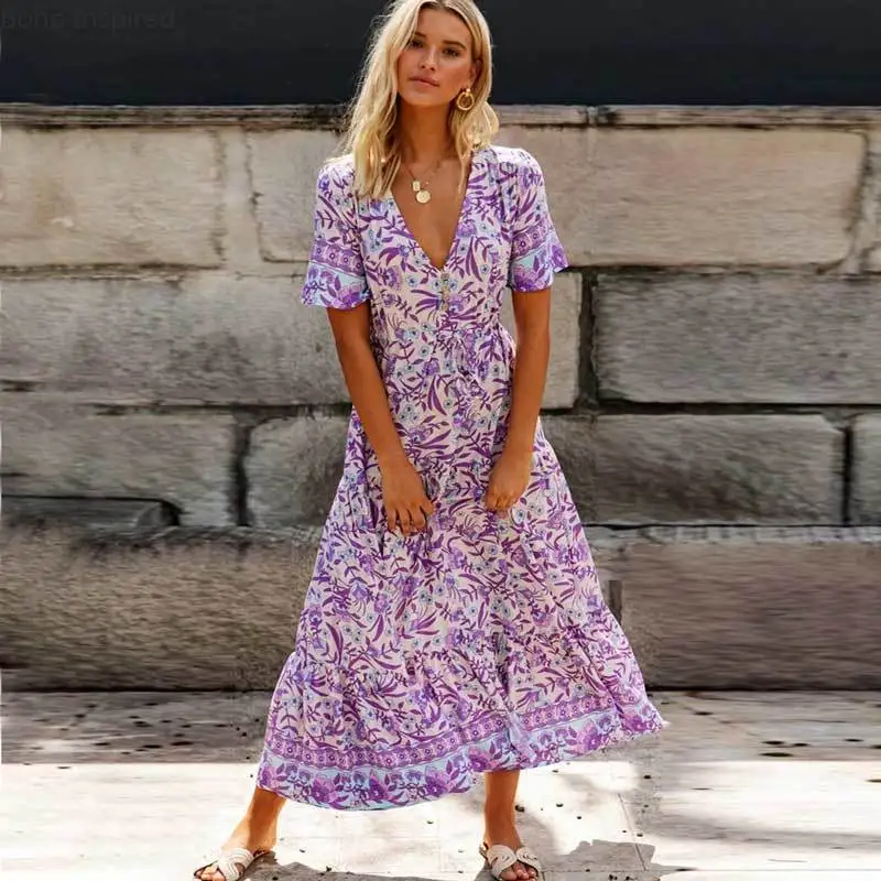 Богемный Вдохновленный сиреневый Цветочный Макси платье с v-образным вырезом из вискозы фиолетовое бохо платье повседневное весна лето платье для женщин шикарное длинное платье