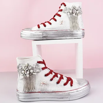 

Luxury Rhinestones Tassel White Sneakers Women Fashion Vulcanized Shoes Spring 2020 Woman Casual Shoes Canvas High Top Sneakers