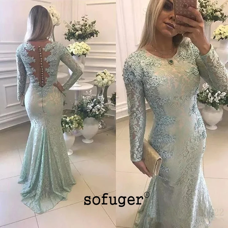 Светло-Синяя Русалка платье с круглым вырезом и длинными рукавами вечернее Sofuge мать невесты платья плюс размер свадебные вечерние платья