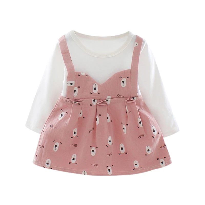 

Baby Clothes Girl Dress 0-3T Fashion Cute Cartoon Bear Print Fake Two-piece Dress New Autumn Round Neck Long-sleeved Girls Dress
