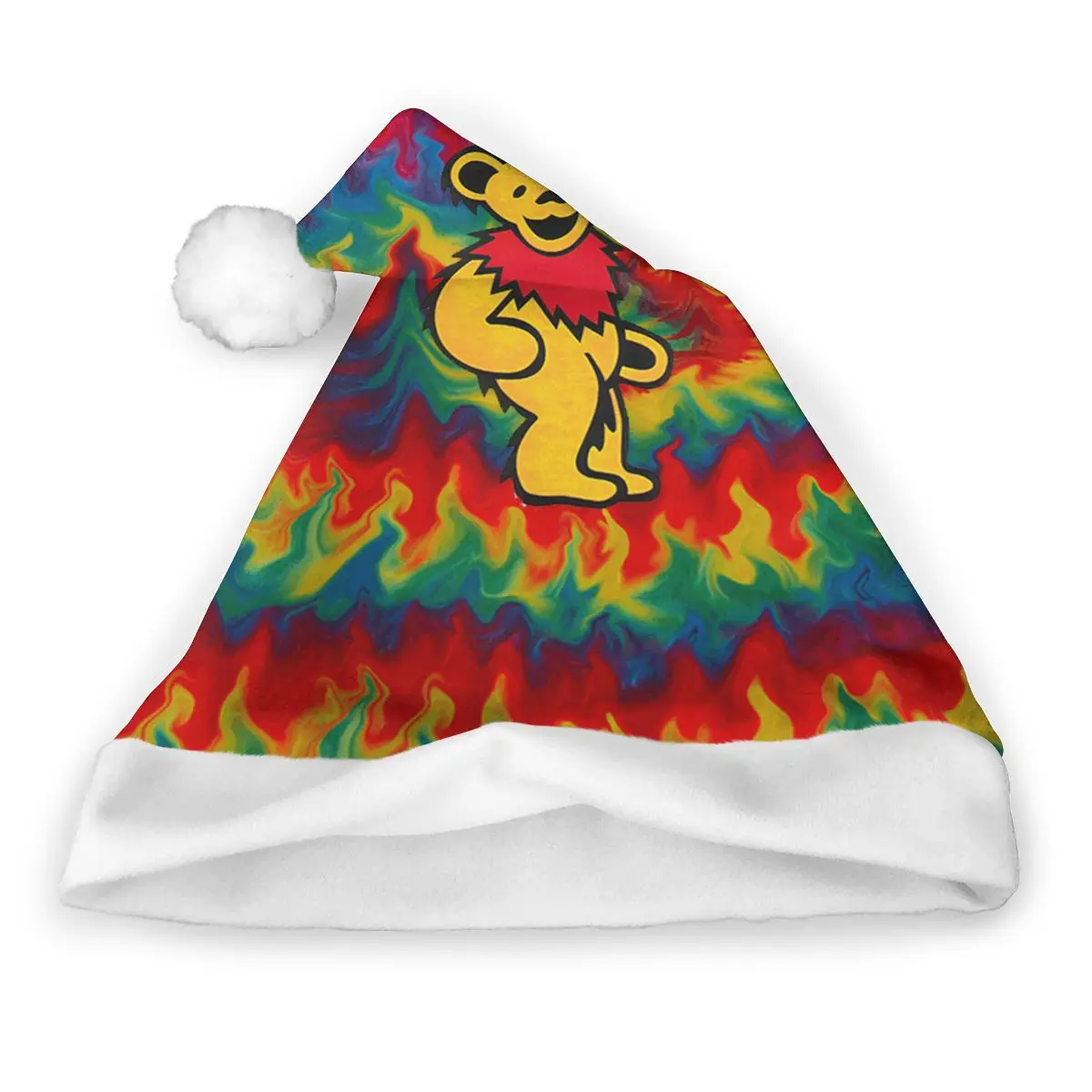 Шапка Санта-Клауса с красочным принтом Fire TieDye Dance Bear, персонализированные шапочки для рождественской вечеринки с плюшевой отделкой для взрослых детей