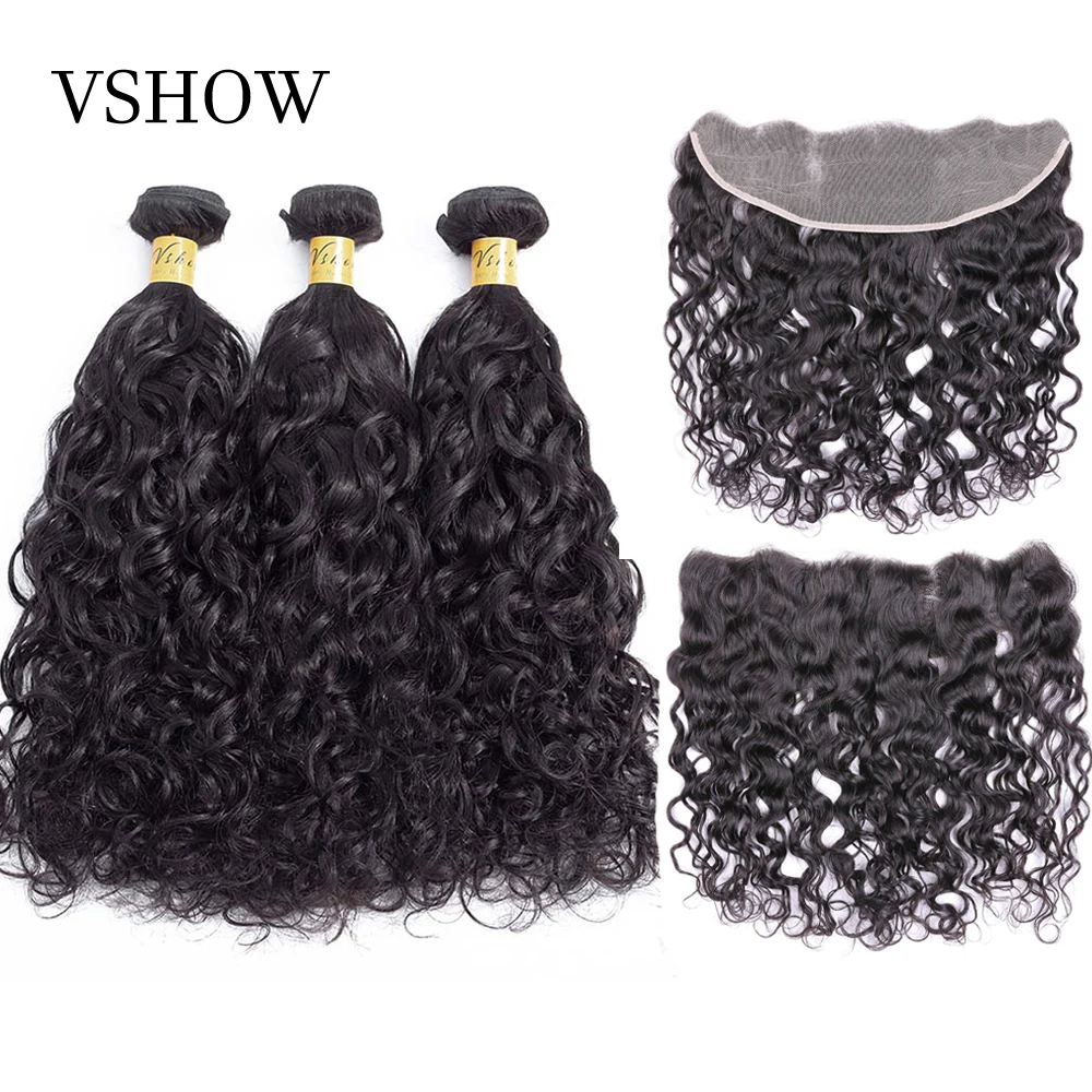 

VSHOW Brazilian Natural Wave With Closure 3 Bundles With 13*4 Free Part Ear to Ear Lace Frontal Remy Human Hair