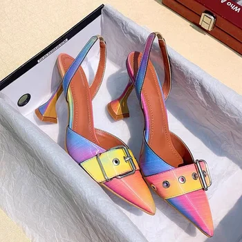 

Colorful Leather Mules Shoes Woman Belt Buckle Pointed Toe Pumps Women High Heels 2020 Spring Women Street Fashion Footwear