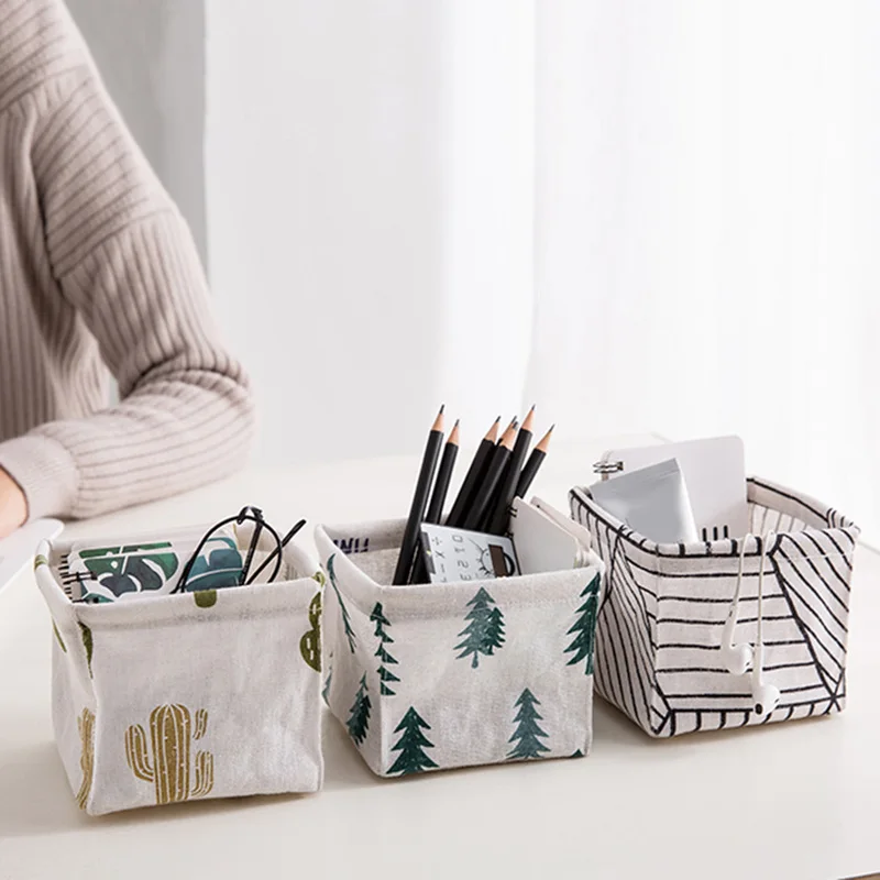 Stationery Mini Container Linen Square Case Home Decor Desktop Storage Basket Sundries Toy Storage Box Cosmetic Book Organizer