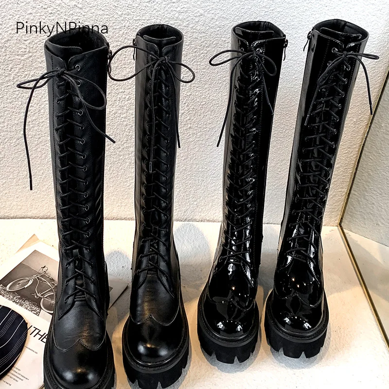 Skup Damskie ze skóry lakierowanej skóry wołowej buty do kolan czarne sznurowane platformy długie buty Paris fashion tygodnie w nowym stylu buty nocne