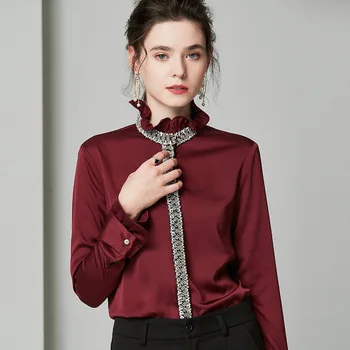 

wine satin silk shirts for women high quality long sleeve plus size casual sexy office dress blouses fashion dropshipping