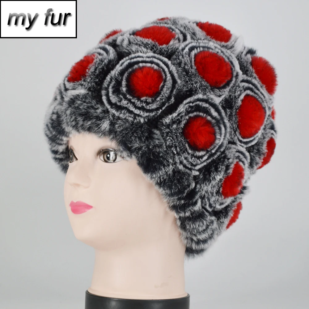 New Women Rex Rabbit Fur Knitted Hats Lady Winter Hats for Girls Skull Cap Real Fur Knitting Rabbit Skullies Beanies Female Hat