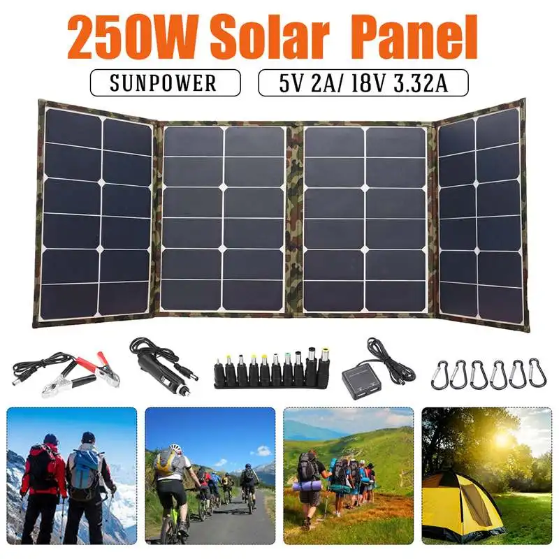

250W Foldable Solar Panel Portable Folding Solar Cell Camouflage Backpack Charger Sun power Battery Charger W/ Dual USB Port