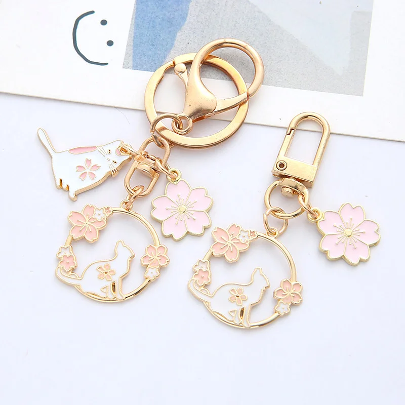 Cute Round Rabbit Cat Metal Keychain Lovely Pink Sakura Car Bag Keyring Girl Boy Couple Jewelry Lanyard Headset Pendant