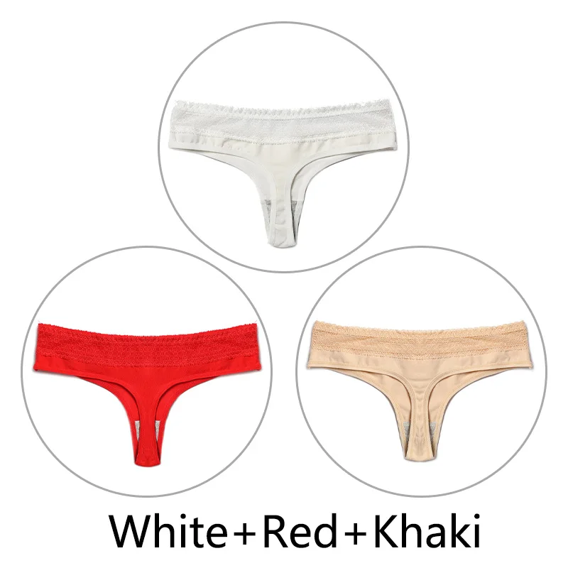 White Red Khaki 3 шт./партия, стринги из чистого хлопка, женское нижнее белье, сексуальные кружевные трусики, стринги, нижнее белье ажурные дышащие трусики M-3XL, большие размеры - Цвет: White Red Khaki