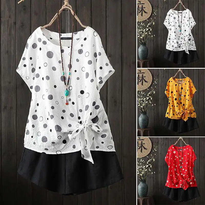 

ZANZEA Women Blouses Shirts 2019 Vintage Polka Dot Print Blusas with Lacing Bow Ladies Casual Tunic Tops Summer Blusas Plus Size