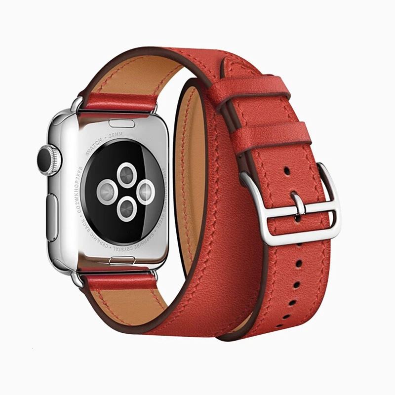 Коровья кожа двойной тур ремешок для Apple Watch 5 Группа 44 мм iwatch серии 4 3 2 1 42 мм петля 38 мм Браслет замена 40 мм сталь - Band Color: red
