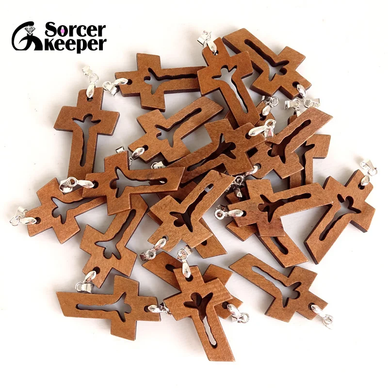 50 PCS New small wooden crosses Carved Jesus Crucifix Cross Charm Pendants Statue Sculpture Jewelry findings for Necklace Making