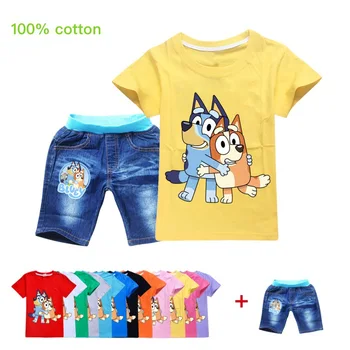 

T-shirt+Jean Pant 2Pcs Cartoon Bingo Blue Dog Printing 2020 Summer Girls Clothing Sets For Children Clothing Suits Cute Set