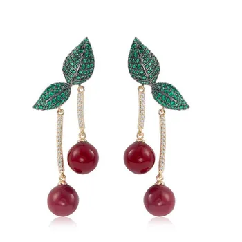 

S12-014 Elegant Red Cherry Earrings Lovely Cubic Zircon Fruit Drop Earrings Fashion Women Jewelry