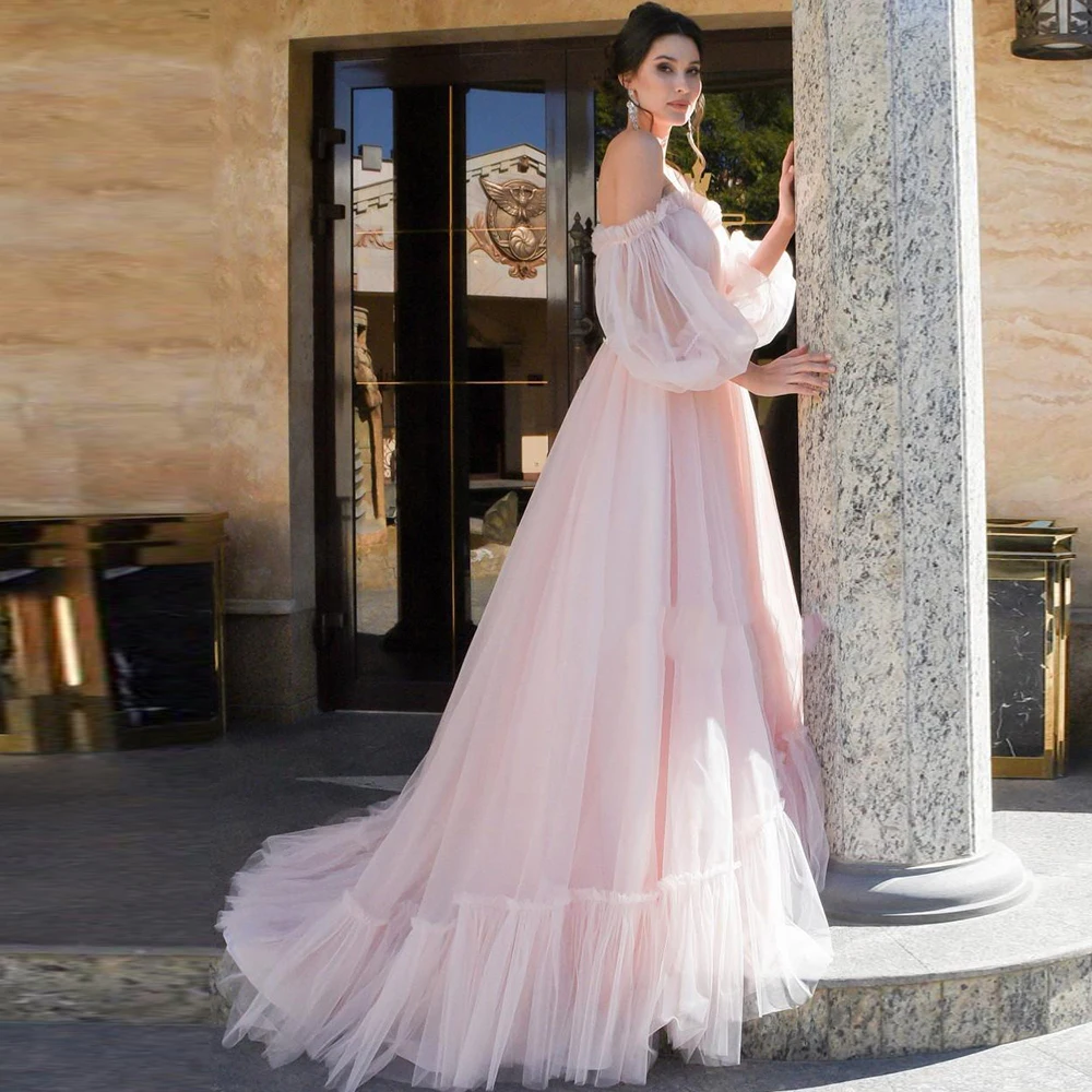 Очаровательное розовое свадебное платье, сексуальное платье с открытыми плечами, а-силуэт, пышные рукава, платье для невесты, свадебное платье