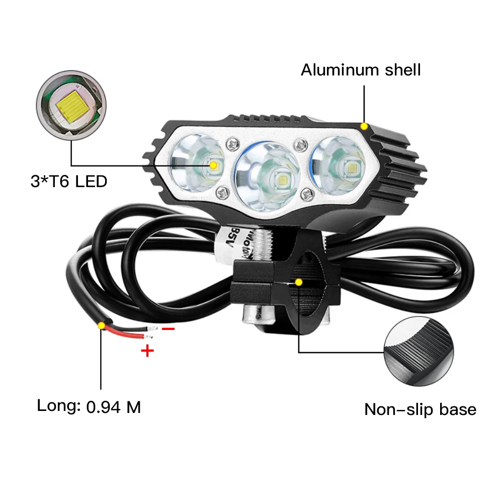 Onature Powerful Electric Bike Light 1000 Lumens 12-72V Input E Bike Headlight Aluminum Housing 3xT6 LED Head Light for eBikes