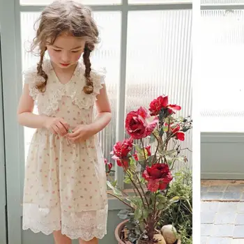 

2020 summer new girls print dress Lace stitching sleeveless sweet cute dress for girls Korean fashion cotton dress L259