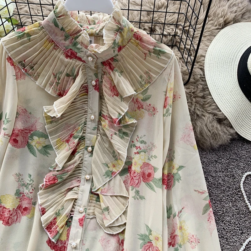 Neploe, женская шифоновая блузка, плиссированная, с оборками, из кусков, Blusas, топ, новинка, Корейская, расклешенная, с длинным рукавом, с цветочным принтом, рубашка 55846