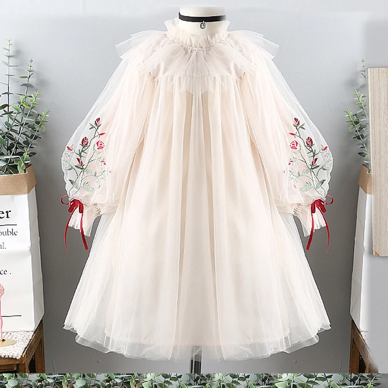 Spring Girls Princess Dress Long Sleeve Children Clothing Floral Sweet Family Party Wear Tulle Baby Girls Dress Vestidos 3-14Y